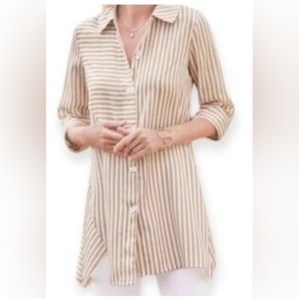 Soft Surroundings asymmetrical Beige Longline Striped Button-Down Tunic Blouse